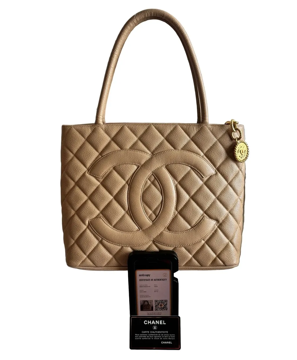 Chanel Beige Caviar Medallion Tote Beige Leather Very good - Model View