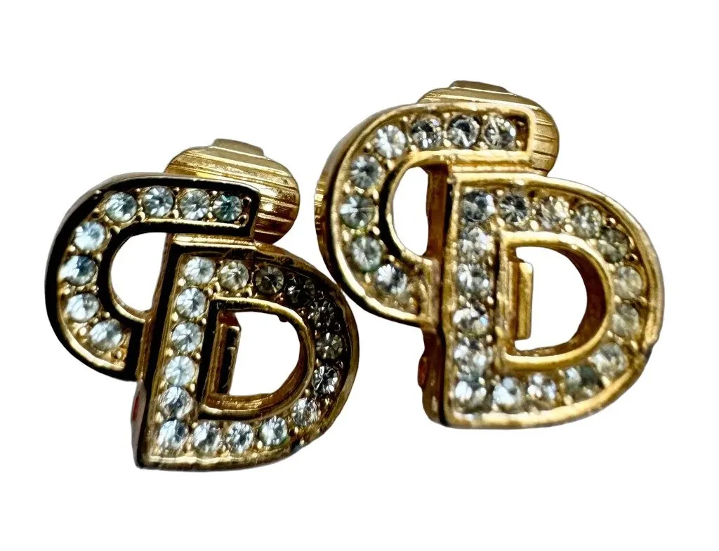 Dior Christian Dior CD initial Earrings with Rhinestone Gold Good - Front View