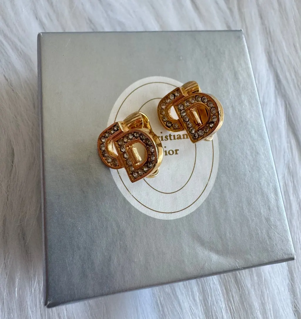 Dior Christian Dior CD initial Earrings with Rhinestone Gold Good - Back View