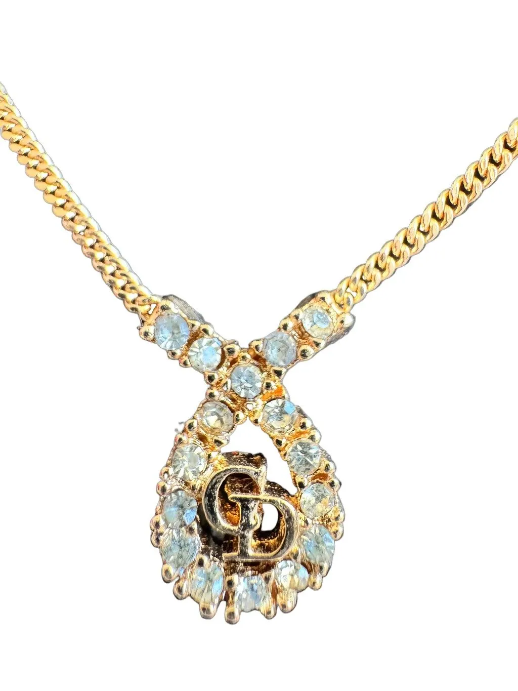 Dior Christian Dior CD initial pendant necklace with Rhinestone Gold Lace Good - Front View