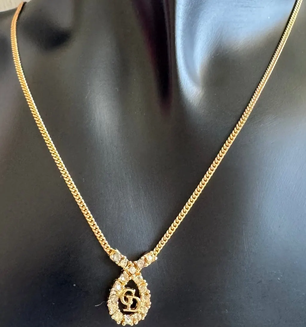 Dior Christian Dior CD initial pendant necklace with Rhinestone Gold Lace Good - Back View