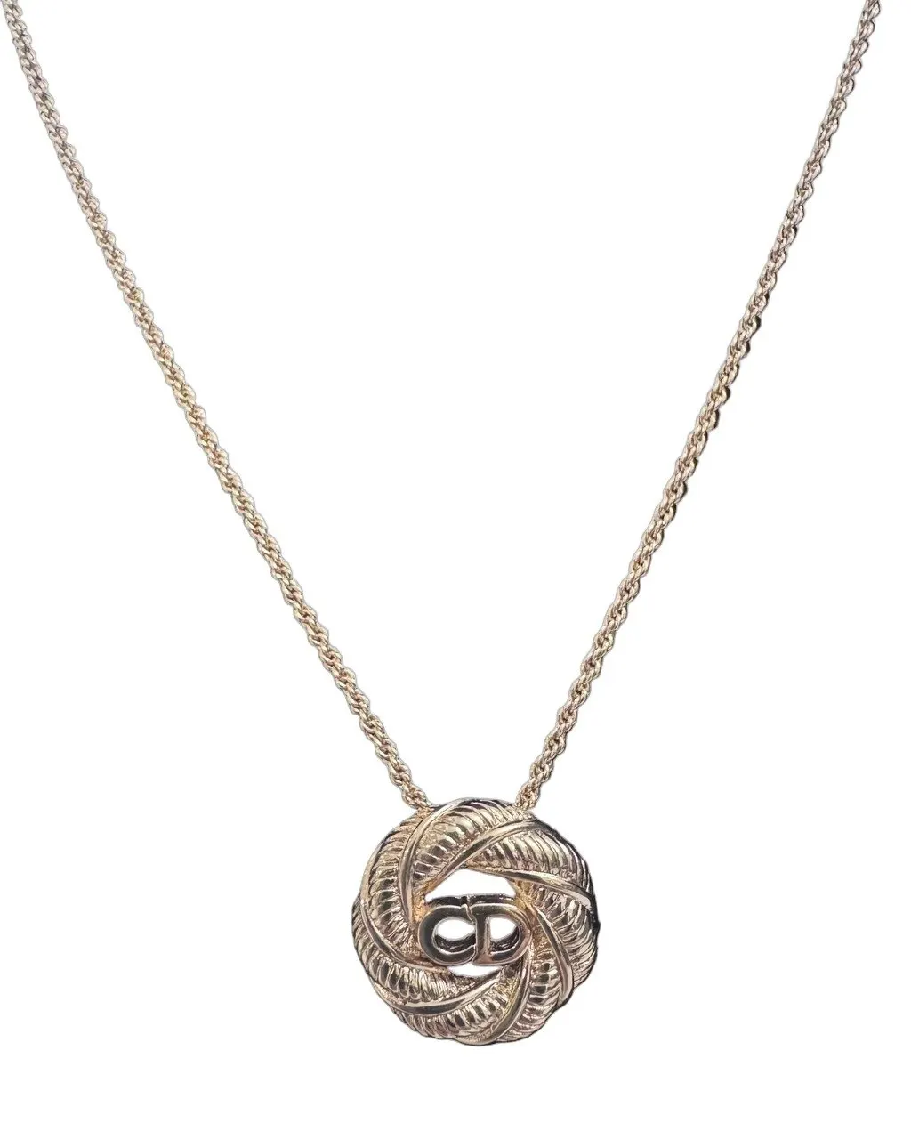 Dior Christian Dior CD Initial Round Pendant Necklace Gold Lace Good - Front View