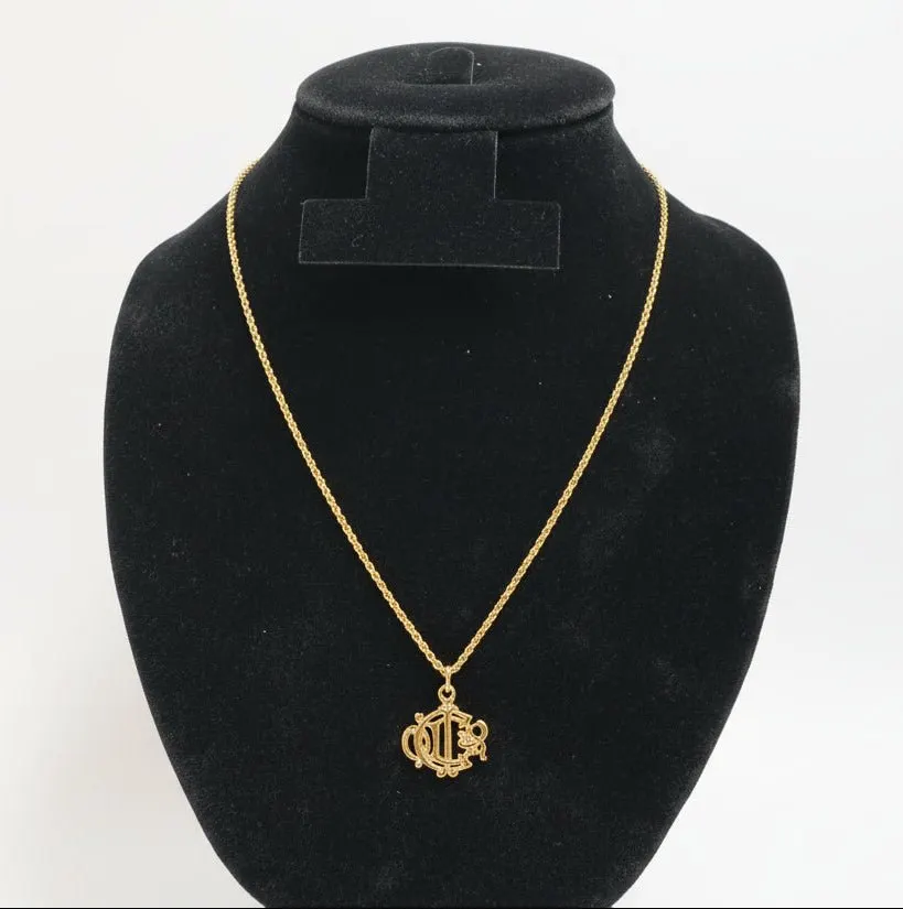 Dior Christian Dior CD Script Initial Pendant Necklace Gold Lace Good - Back View