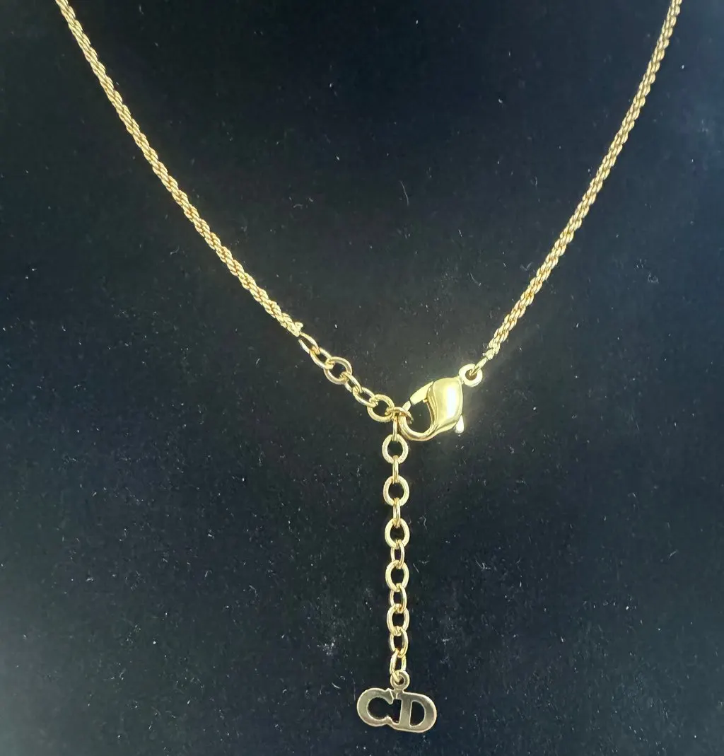 Dior Christian Dior CD Script Initial Pendant Necklace Gold Lace Good - Inside View