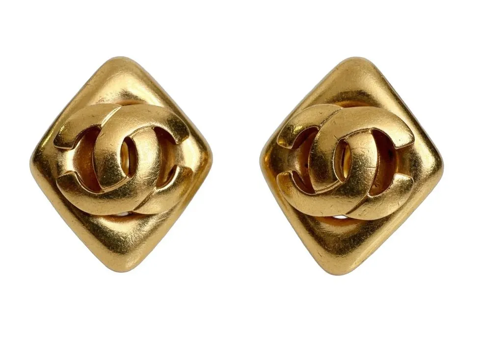 Chanel Coco Mark Diamond Shape Clip-On earrings Gold Good - Front View