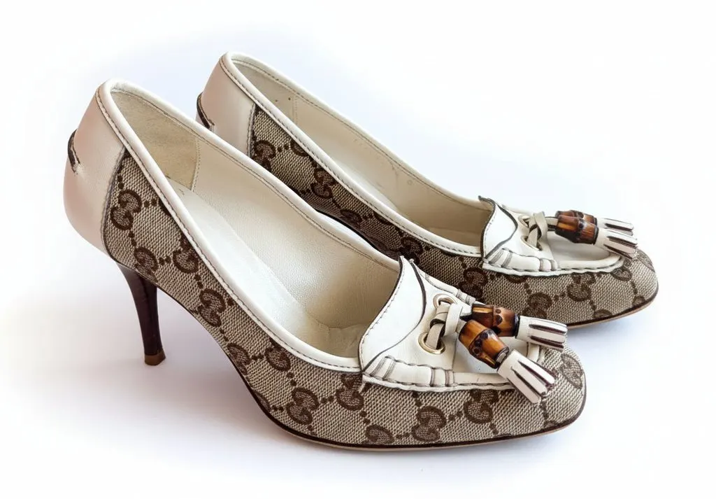 Gucci Monogram Leather Bamboo Tassel Loafer Pumps Size 36 Beige Leather Good - Back View
