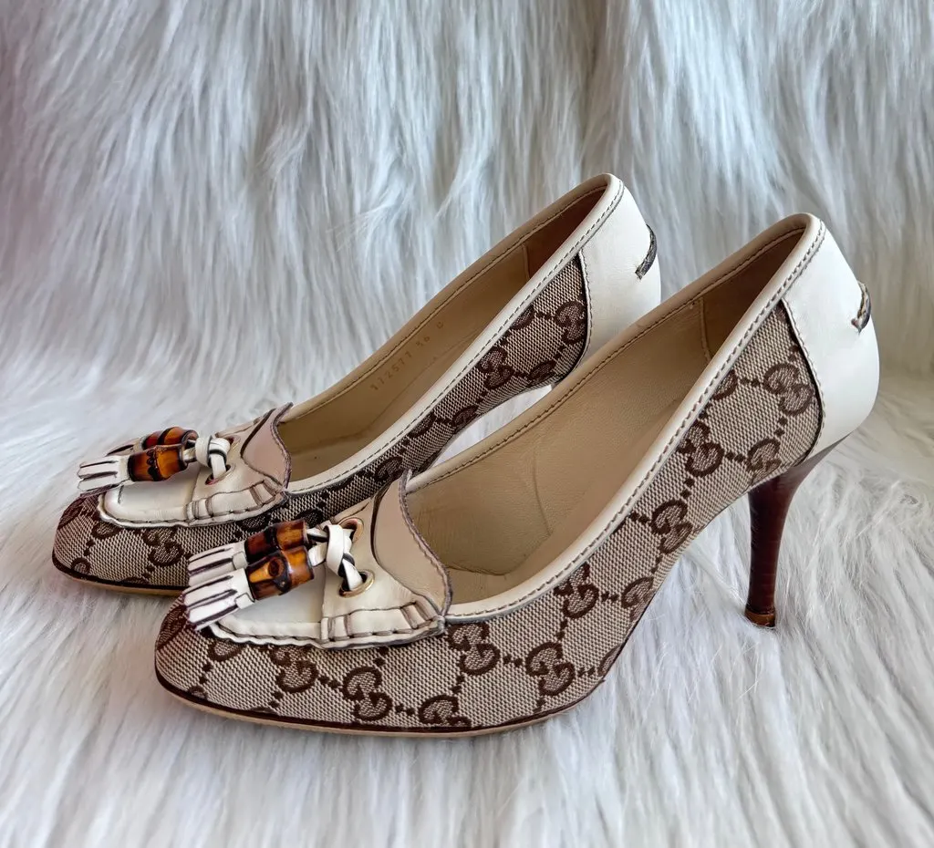 Gucci Monogram Leather Bamboo Tassel Loafer Pumps Size 36 Beige Leather Good - Inside View