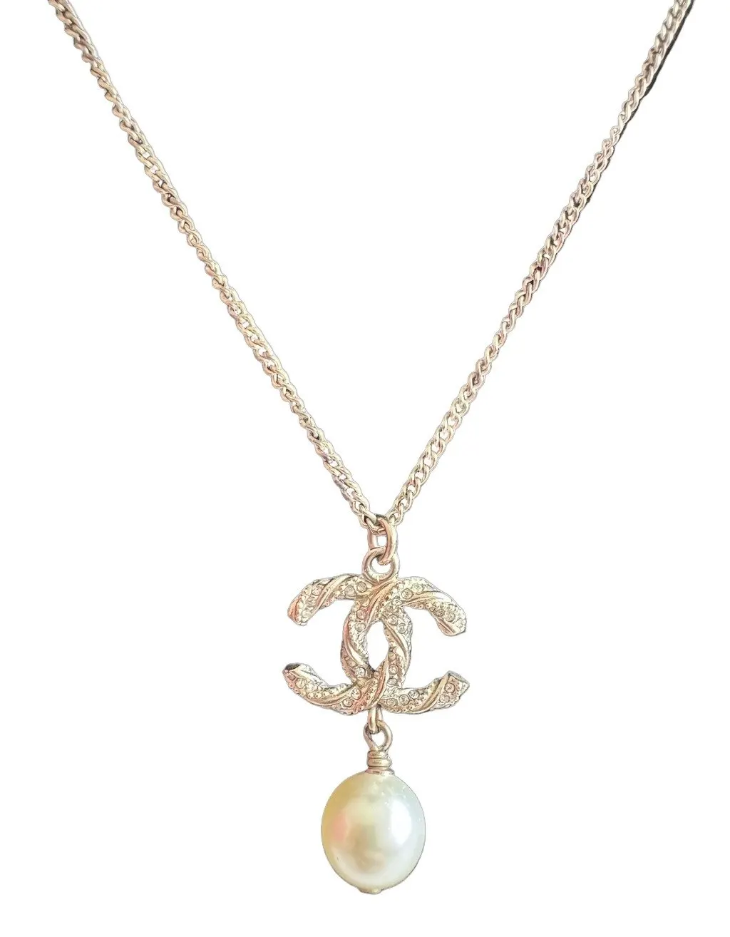 Chanel CC Crystal Pearl Gold Tone Pendant Necklace Gold Lace Good - Front View