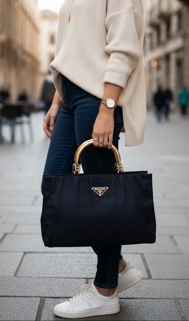 Prada Tessuto Navy Blue Metal Handle | Libas Collective