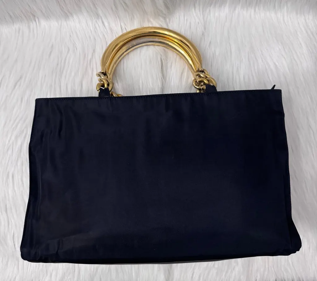 Prada Tessuto Navy Blue Metal Handle Handbag Navy Good - Back View