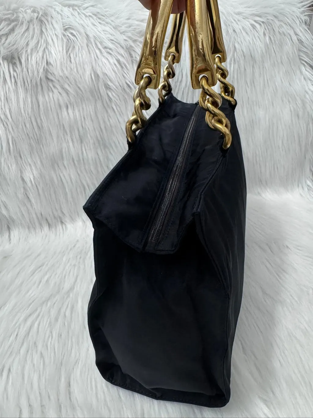 Prada Tessuto Navy Blue Metal Handle Handbag Navy Good - Inside View