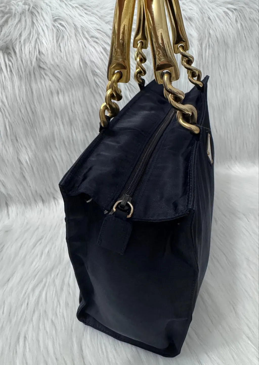 Prada Tessuto Navy Blue Metal Handle Handbag Navy Good - Model View