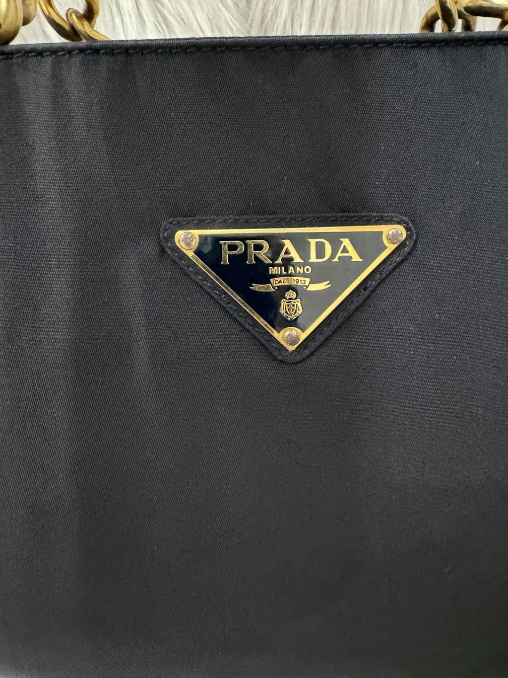 Prada Tessuto Navy Blue Metal Handle Handbag Navy Good - Box View