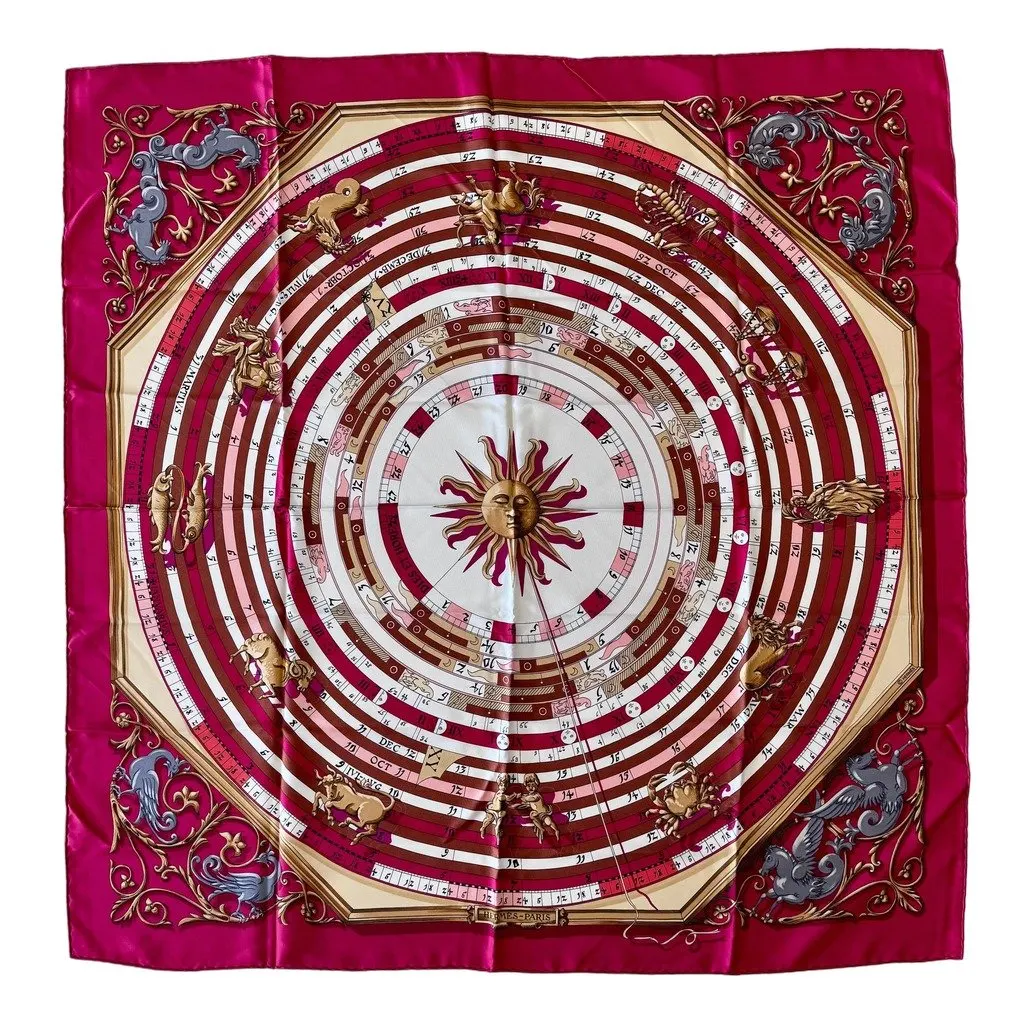 Hermès Dies Et Hore Astrology Zodiac Silk Scarf White Silk Good - Front View