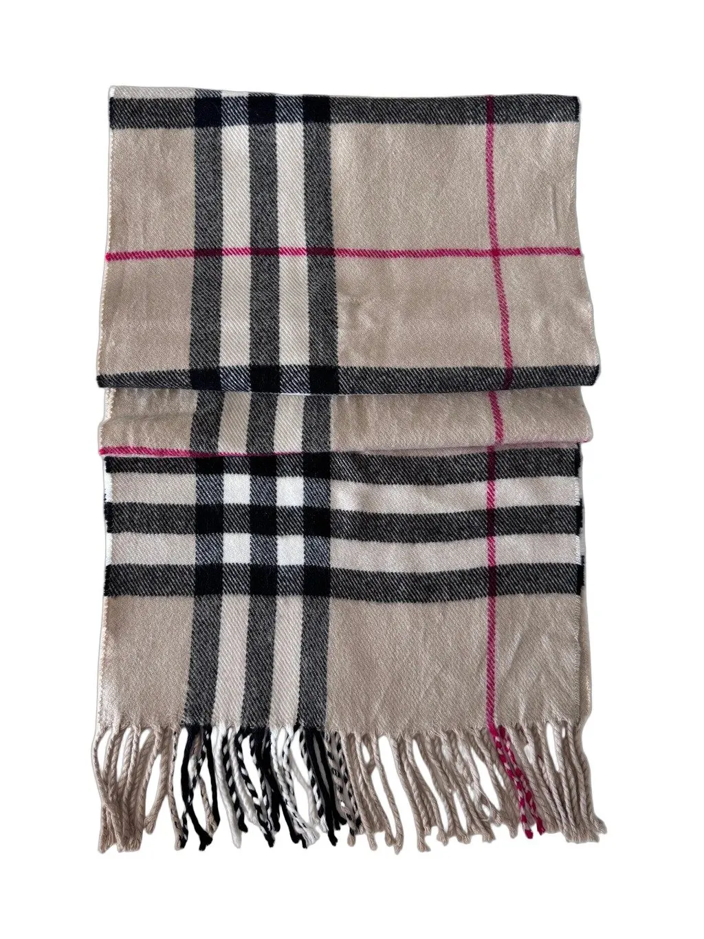 Burberry Beige & Black Cashmere Check Fringed Muffler Black Wool Never worn - Front View