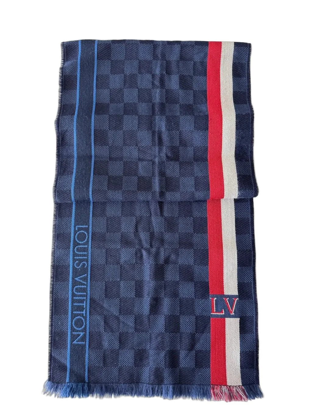 Louis Vuitton Wool Fringed Scarf Navy & Red Navy Wool Never worn - Front View