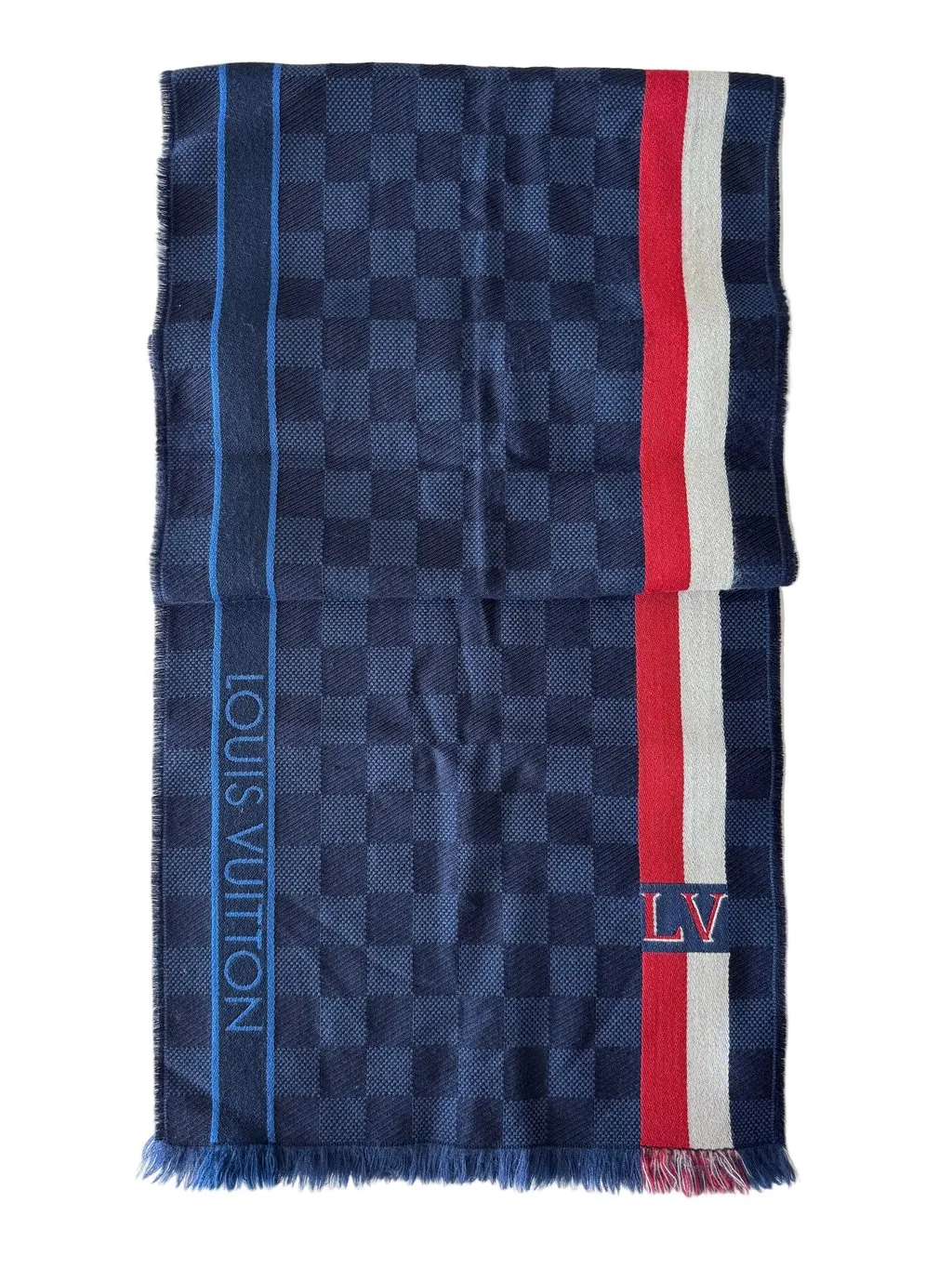 Louis Vuitton Wool Fringed Scarf Navy & Red Navy Wool Never worn - Back View