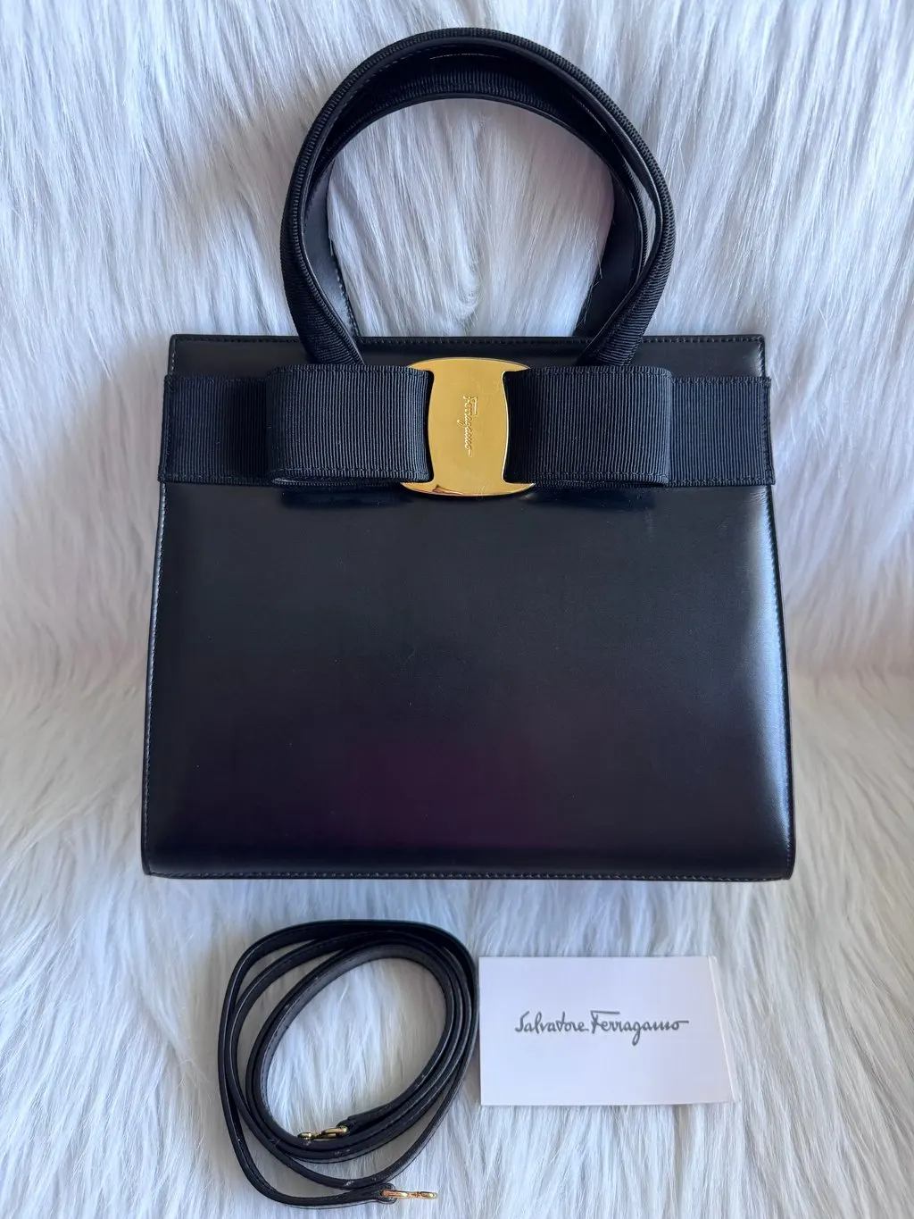 Salvatore Ferragamo Vara Leather Black Two-way Bag Black Leather Very good - Back View