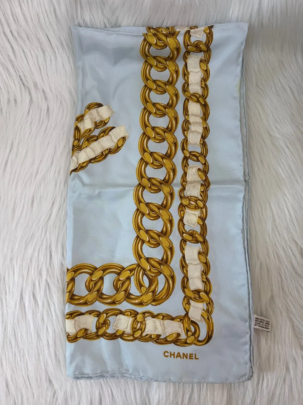 Chanel CC Chain Light Blue Scarf Blue Silk Good - Back View