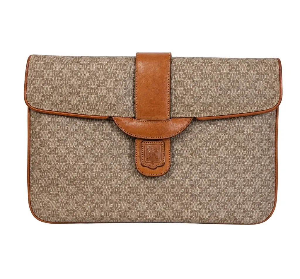 Celine Beige Macadam Clutch Beige Canvas Good - Front View