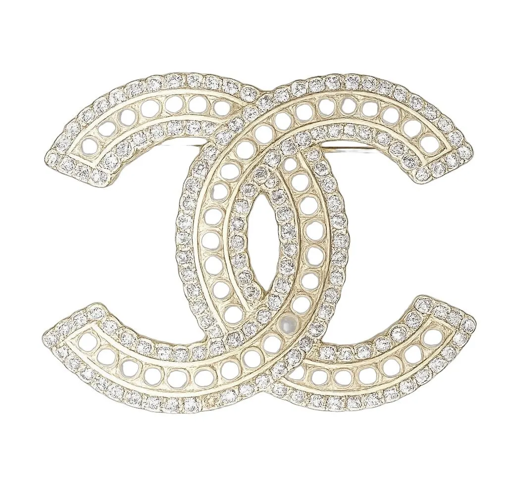 Chanel CC Pearl Crystal Brooch Gold Good - Front View