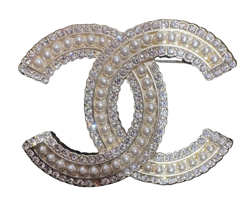 Chanel CC Pearl Crystal Brooch Gold Good - Back View