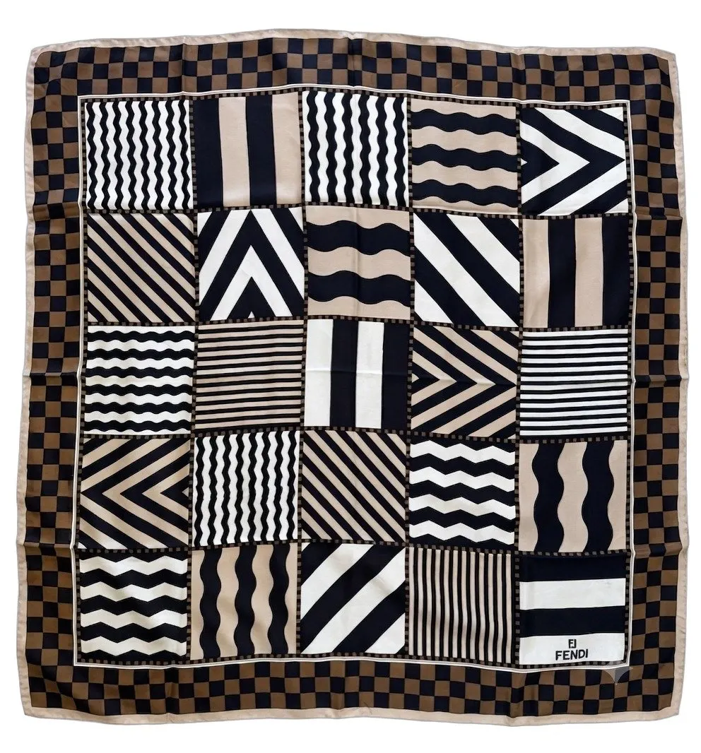 Fendi Foulard Geometric Patchwork Silk Scarf White Silk Never worn - Front View