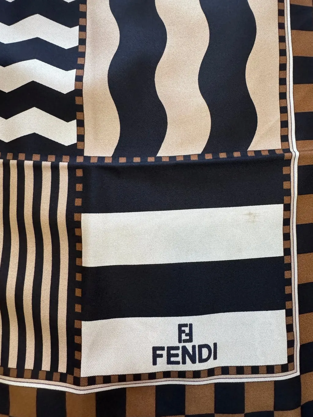 Fendi Foulard Geometric Patchwork Silk Scarf White Silk Never worn - Back View