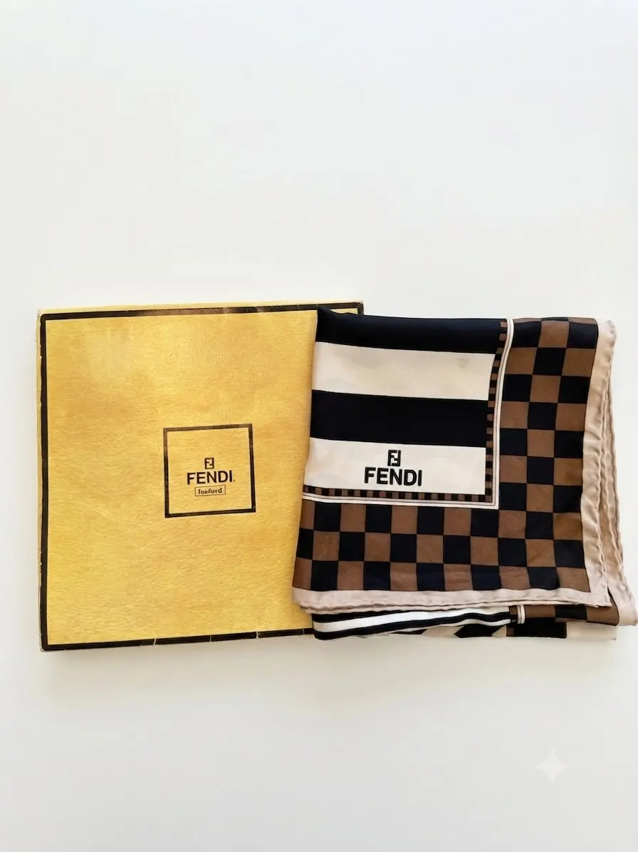 Fendi Foulard Geometric Patchwork Silk Scarf White Silk Never worn - Box View
