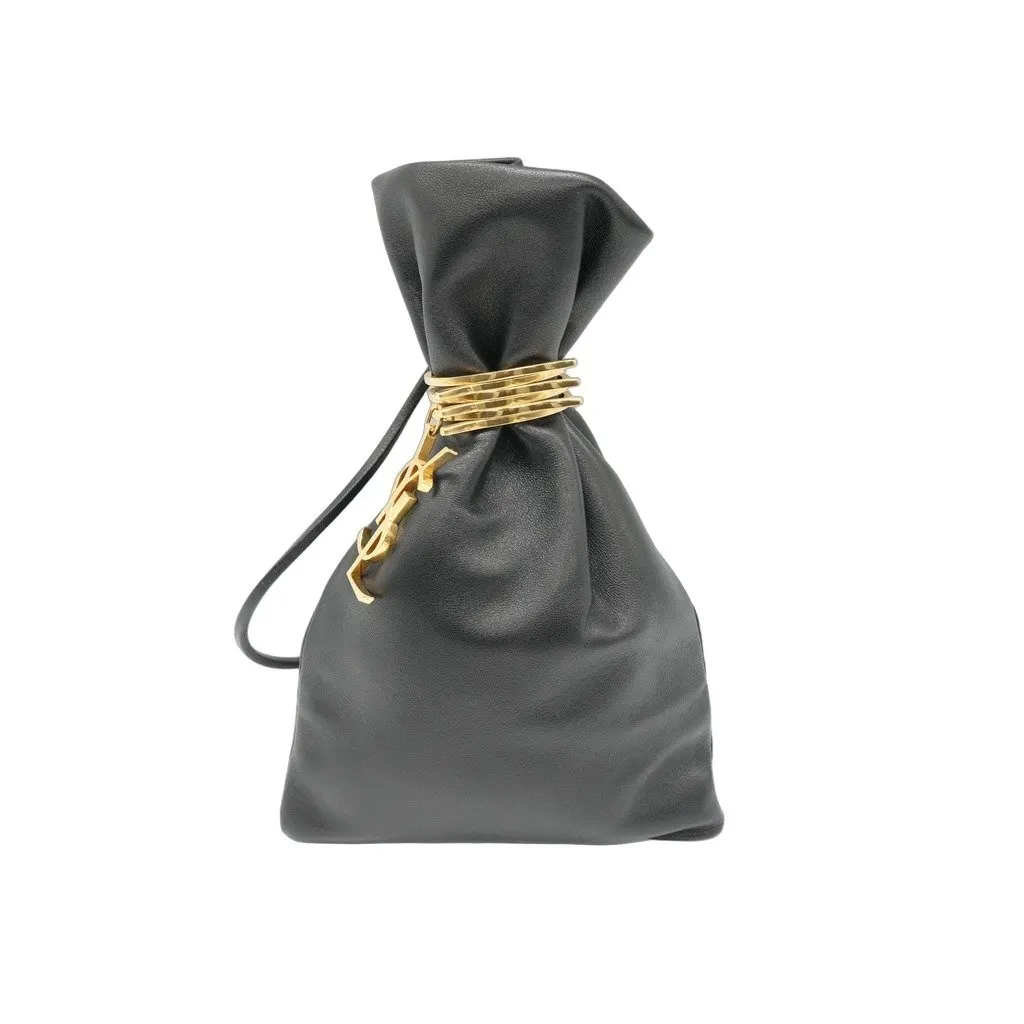 Saint Laurent Evening Pouch YSL Gold Hardware Black Lambskin Black Leather Good - Front View