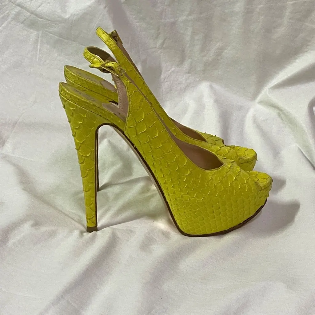 Unsigned Gina  Size 37 Yellow Python Leather Peep Toe Platform Slingback Sandals Yellow Very good - Back View