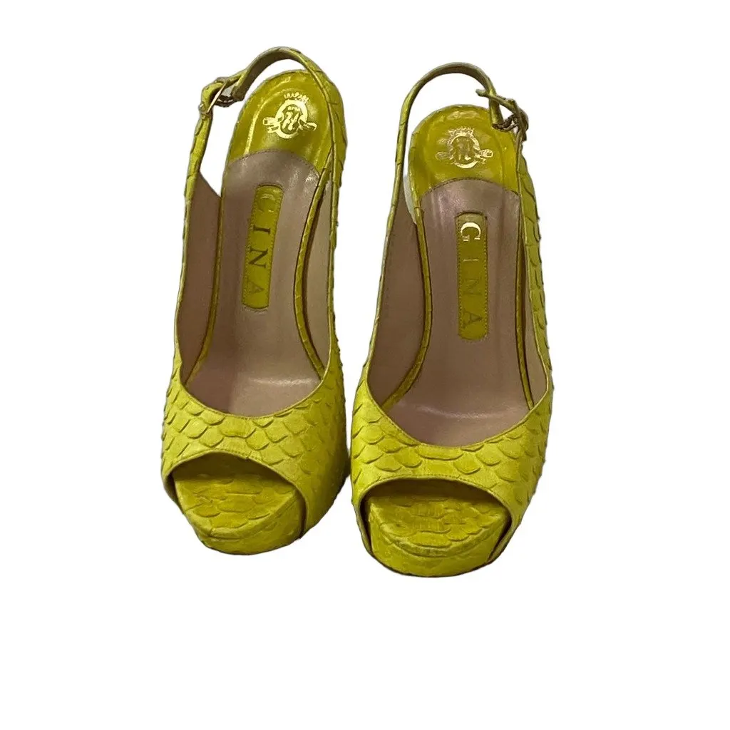Unsigned Gina Size 37 Yellow Python Leather Peep Toe Platform Slingback Sandals Yellow Very good - Front View