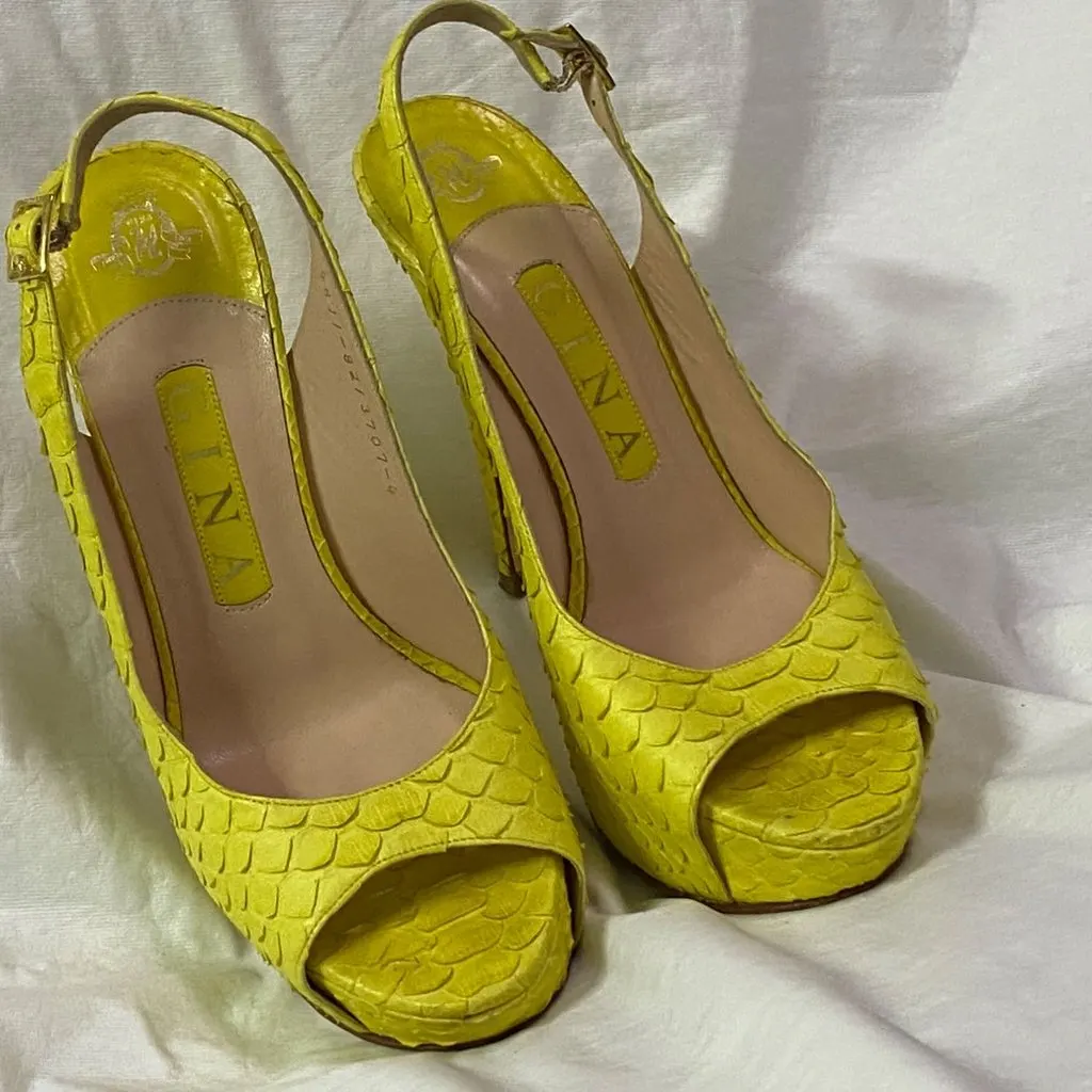 Unsigned Gina  Size 37 Yellow Python Leather Peep Toe Platform Slingback Sandals Yellow Very good - Inside View