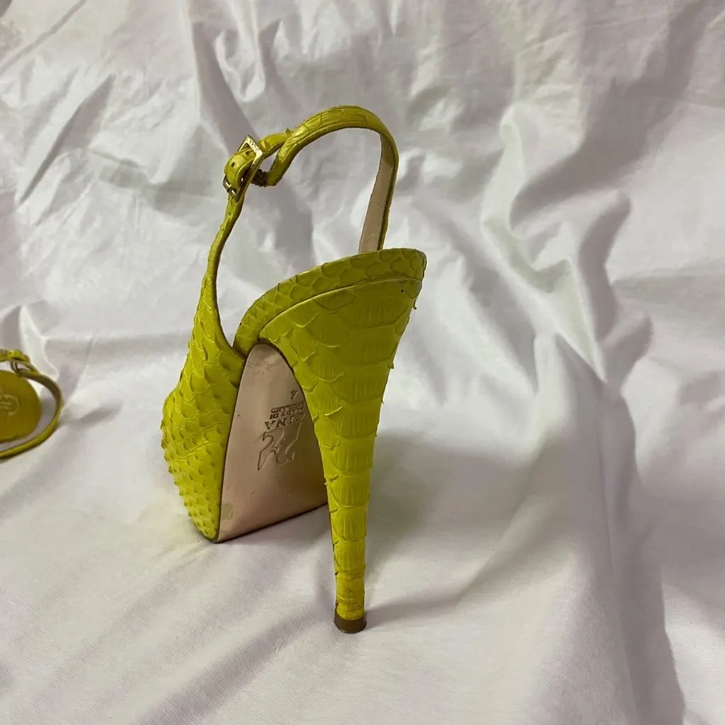Unsigned Gina  Size 37 Yellow Python Leather Peep Toe Platform Slingback Sandals Yellow Very good - Model View