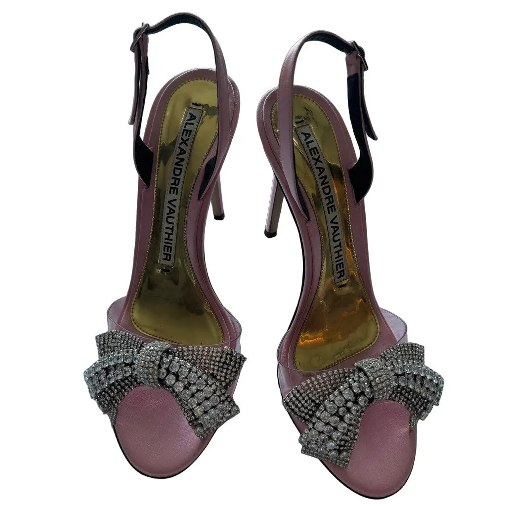 Alexandre Vauthier Crystal Bow Satin Slingback Heels Pink Satin Never worn - Front View