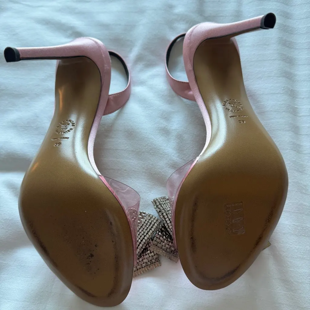 Alexandre Vauthier Crystal Bow Satin Slingback Heels Pink Satin Never worn - Model View