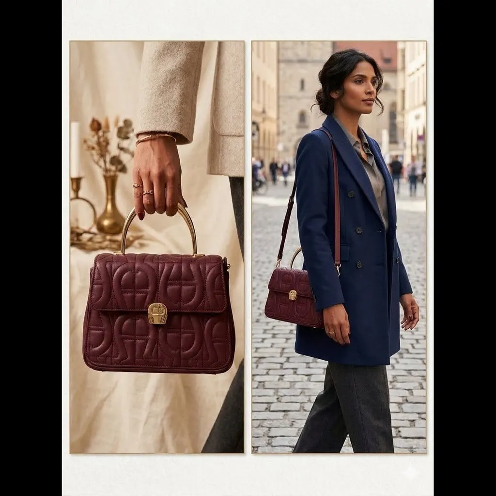 Aigner Aigner Genoveva Small  Logo Embossed Leather Top Handle Bag w/ Wallet Burgundy Very good - Box View