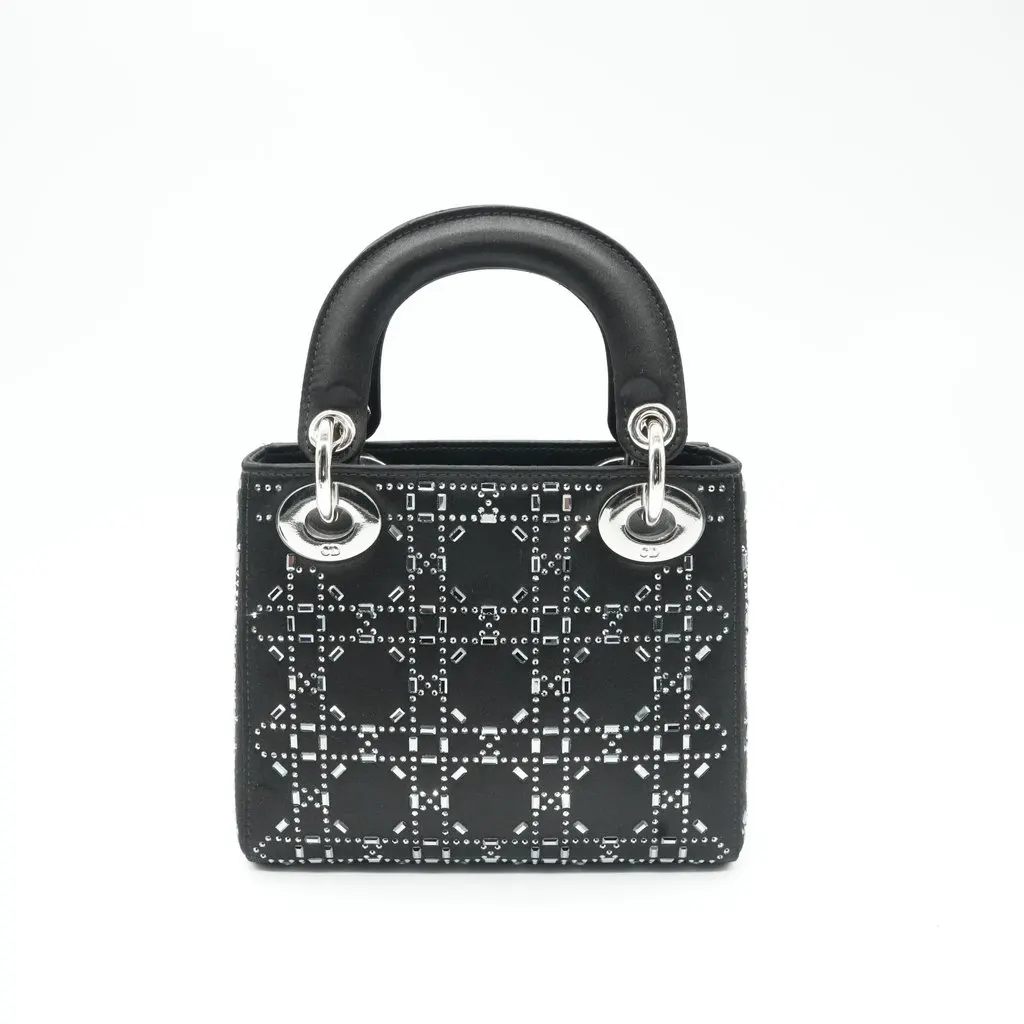 Dior Mini Lady Dior Bag Black Strass Cannage Satin Black Silk Good - Back View