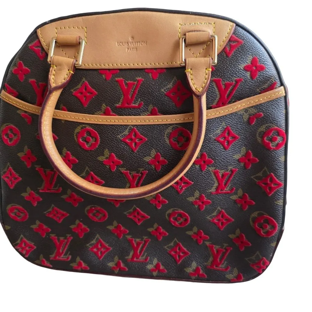 Louis Vuitton Deauville Cube Handbag Monogram Canvas Brown Red Used