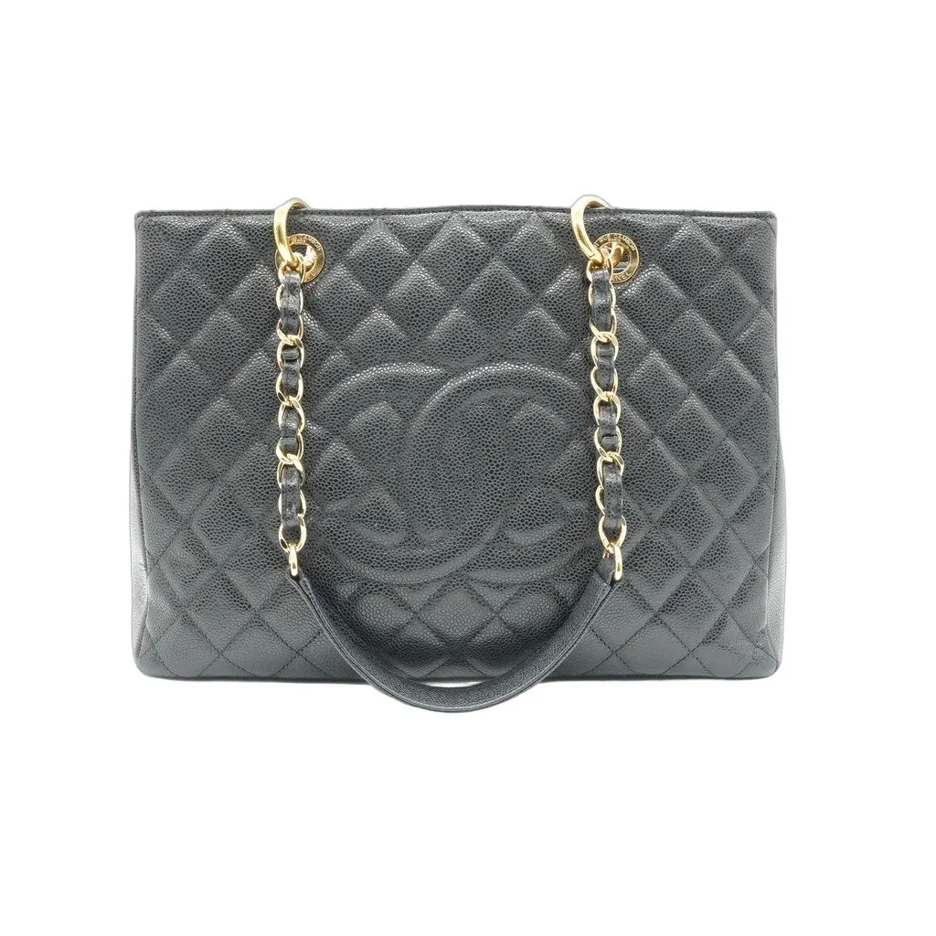 Chanel Grand Shopping Tote Black Leather Gold Hardwear Black Leather Good - Front View