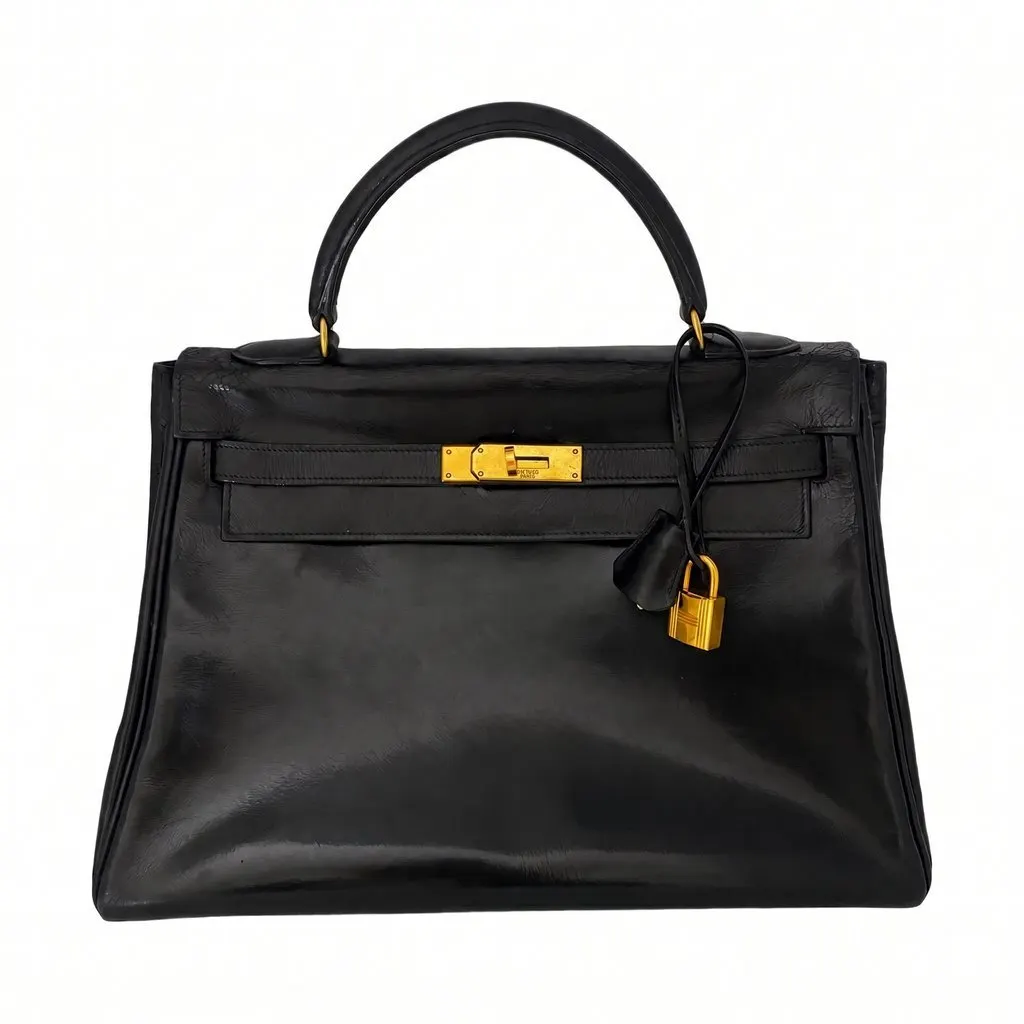 Hermès Kelly 32 Black Box Black Leather Fair - Front View