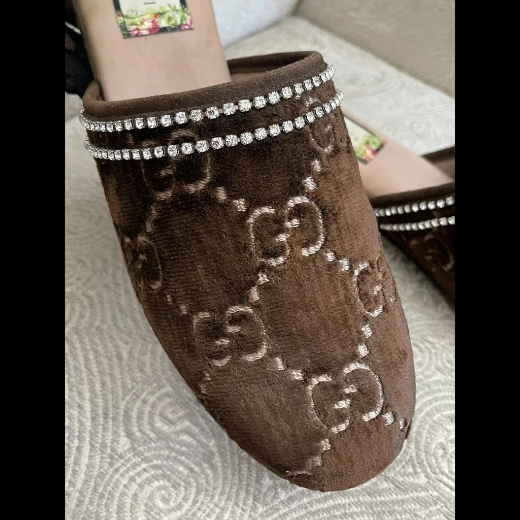 Gucci GG Crystal Embellished Mules Brown Velvet Good - Back View