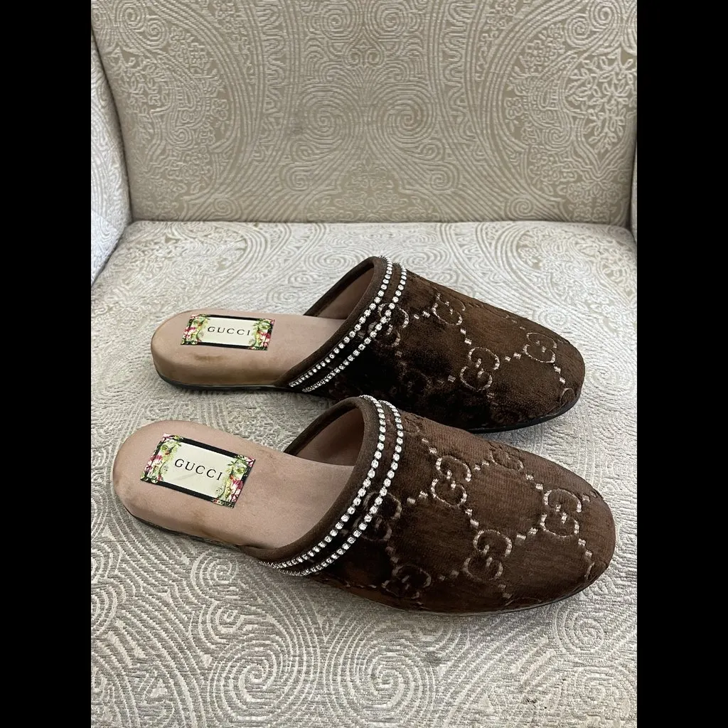 Gucci GG Crystal Embellished Mules Brown Velvet Good - Inside View