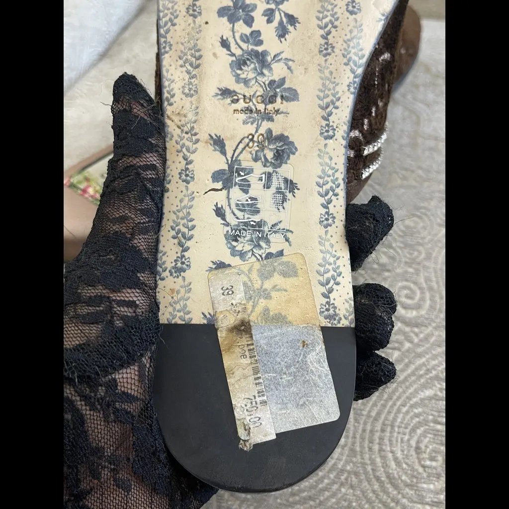 Gucci GG Crystal Embellished Mules Brown Velvet Good - Model View