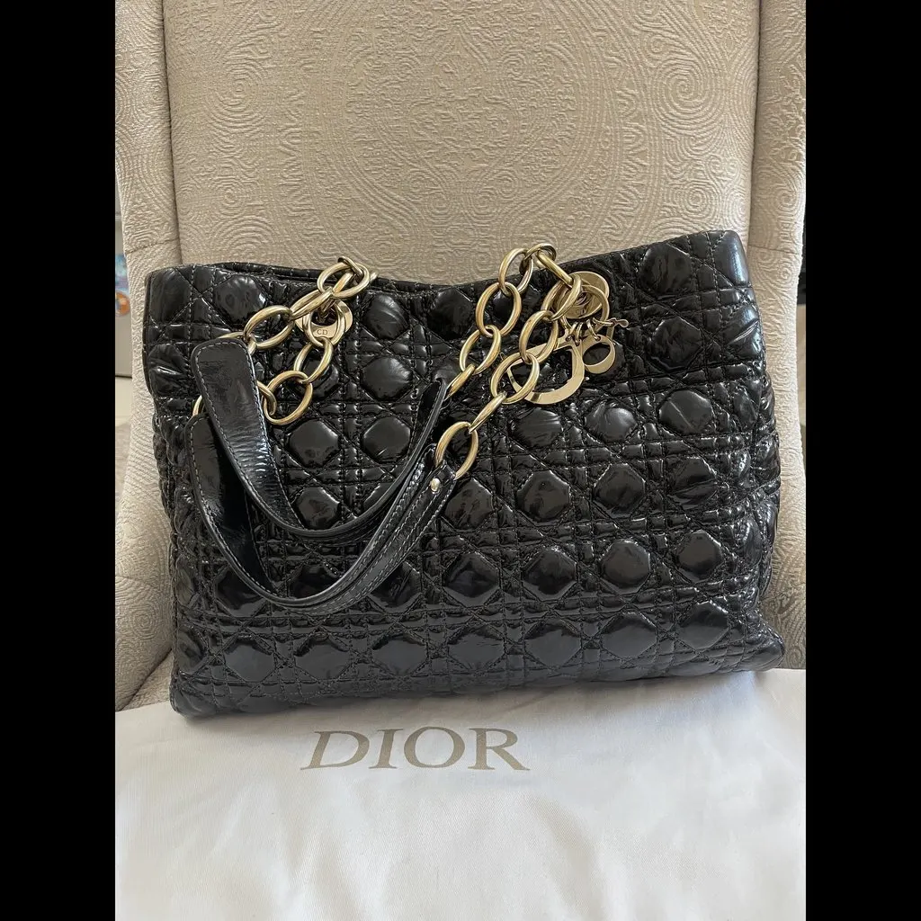 Christian Dior Cannage Patent Leather Tote Black Leather Very good - Back View