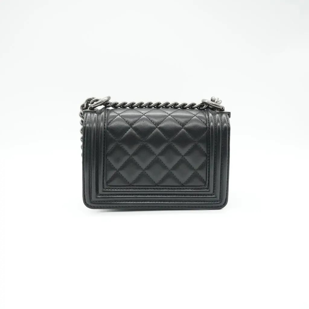 Chanel Boy Mini Lambskin Ruthenium HW Shoulder Bag Black Leather Good - Back View