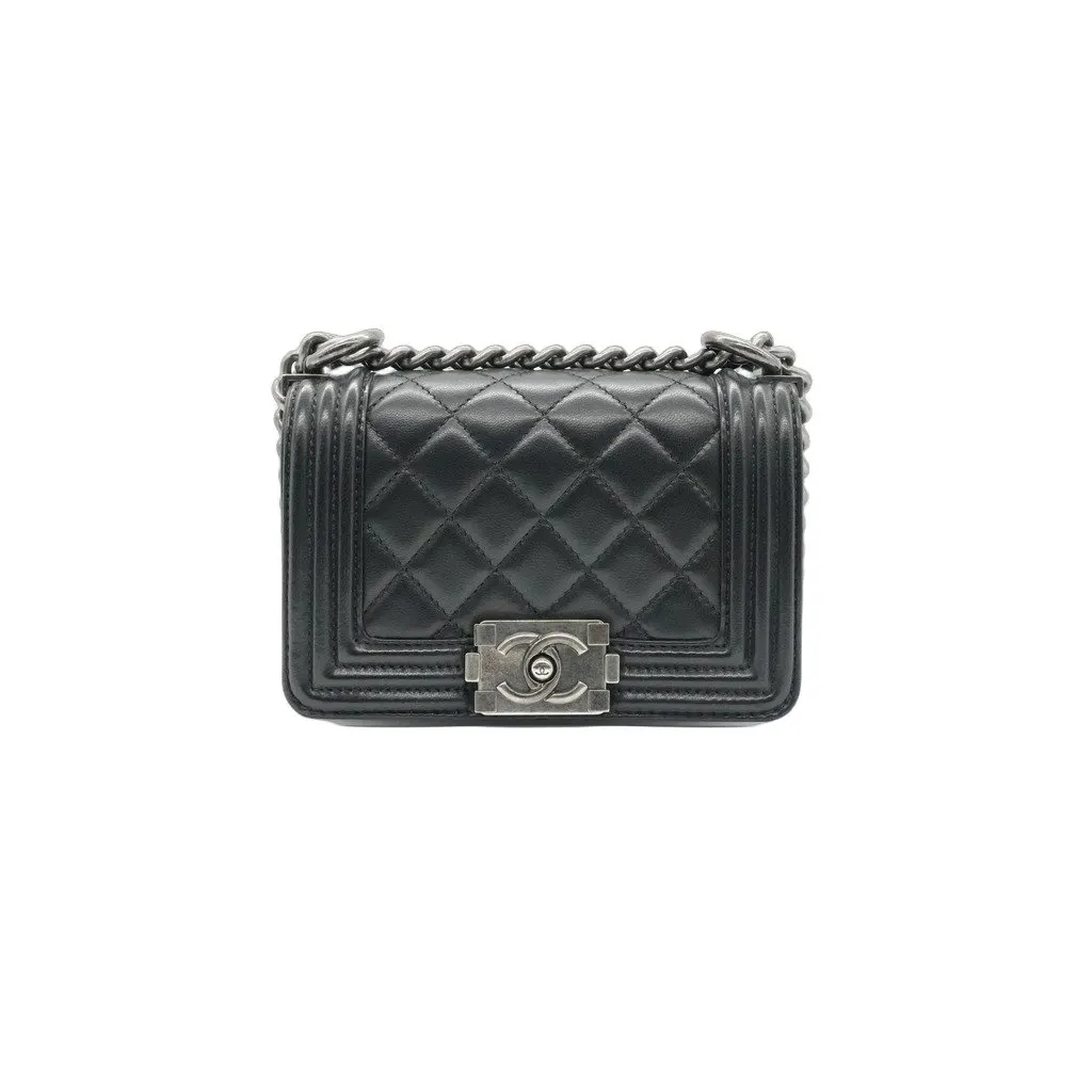 Chanel Boy Mini Lambskin Ruthenium HW Shoulder Bag Black Leather Good - Front View