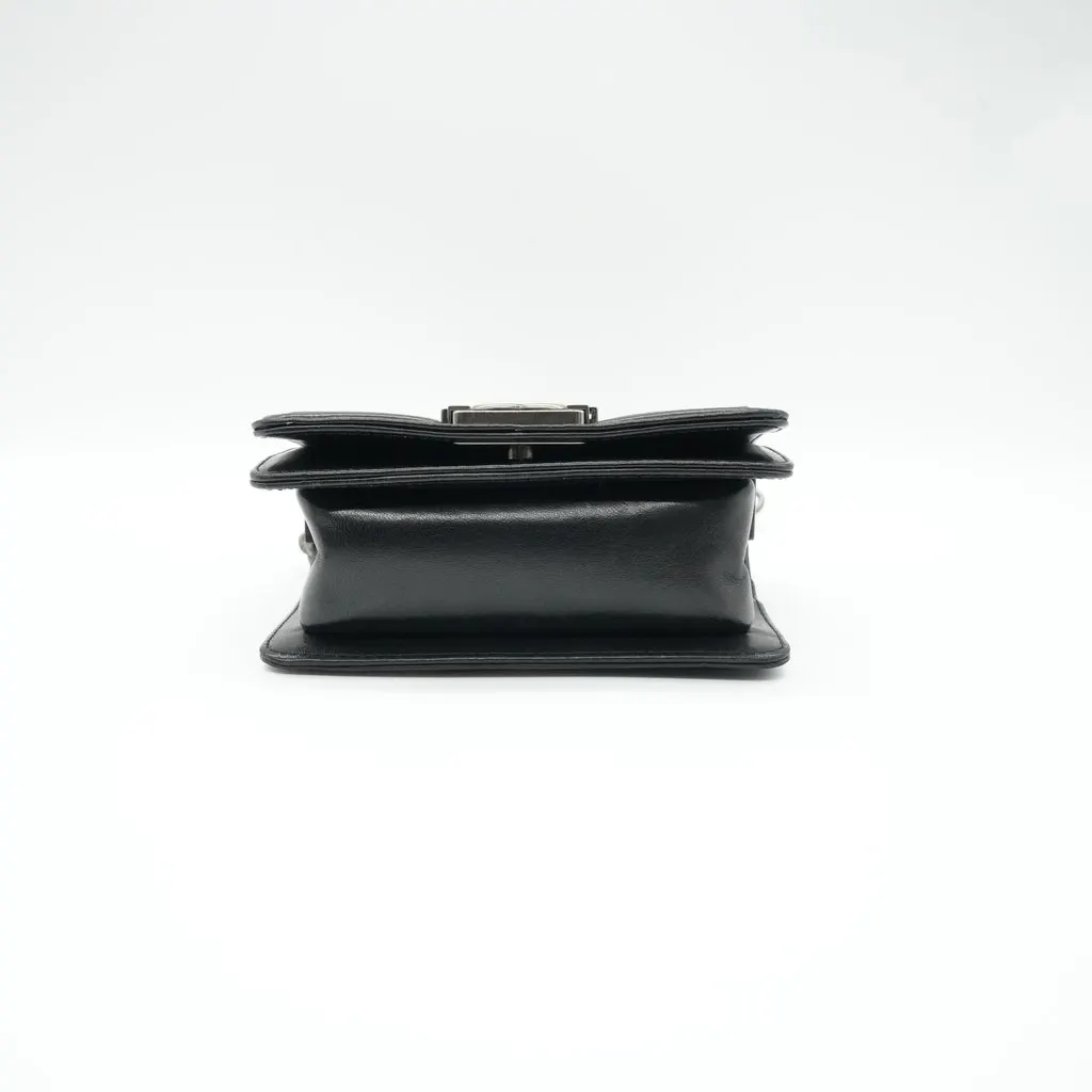 Chanel Boy Mini Lambskin Ruthenium HW Shoulder Bag Black Leather Good - Inside View