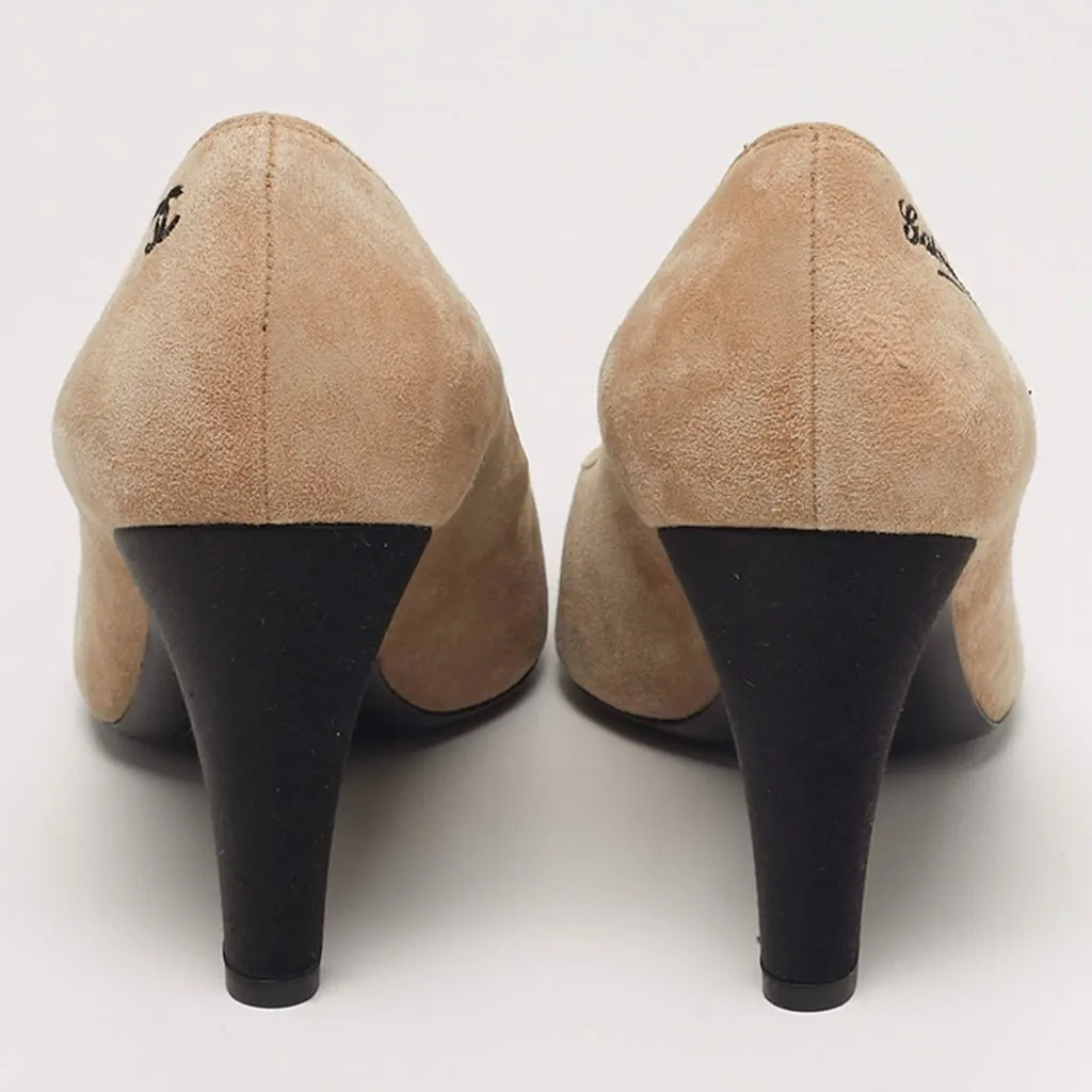 Chanel Chanel CC Size 38 Black/Beige Satin and Suede Pumps Beige Leather Very good - Back View