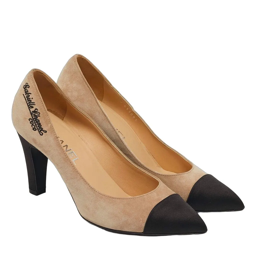 Chanel Chanel CC Size 38 Black/Beige Satin and Suede Pumps Beige Leather Very good - Front View